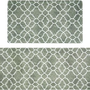 FRESHMINT Kitchen Mat Set of 2, Anti-Fatigue Cushioned Kitchen Mats for Floor, Waterproof Non Slip Comfort Standing Mat, Boho Kitchen Rug for Kitchen Decor, Sink, Office, 17"x30"+17"x47", Sage Green