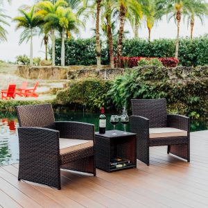 Nestl Wicker Patio Furniture Set - 3 Piece Bistro Table and Chairs Set of 2, Front Porch Furniture Set, Patio Chairs Set of 2, Outdoor Patio Set, Patio Conversation Sets (Brown/Beige)