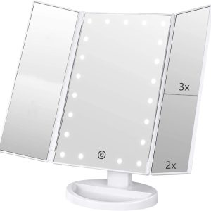 Trifold Makeup Mirror Vanity Mirror with Lights,1X 2X 3X Magnification,Touch Screen,180 Adjustable Rotation,Portable Travel Bathroom Cosmetic Mirror